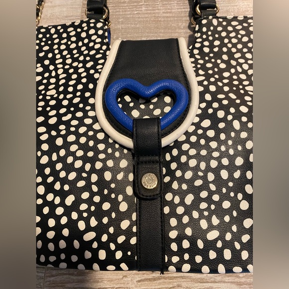 Betsey Johnson black tote bag with polka dots and blue heart - Picture 2 of 16